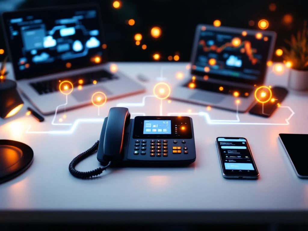 Zwarte zakelijke telefoon op modern bureau omringd door laptop, tablet en smartphone met gloeiende verbindingslijnen