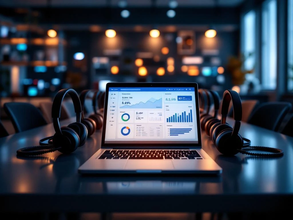 Moderne kantoor trainingsruimte met headsets op vergadertafel en laptop met call center analytics dashboard