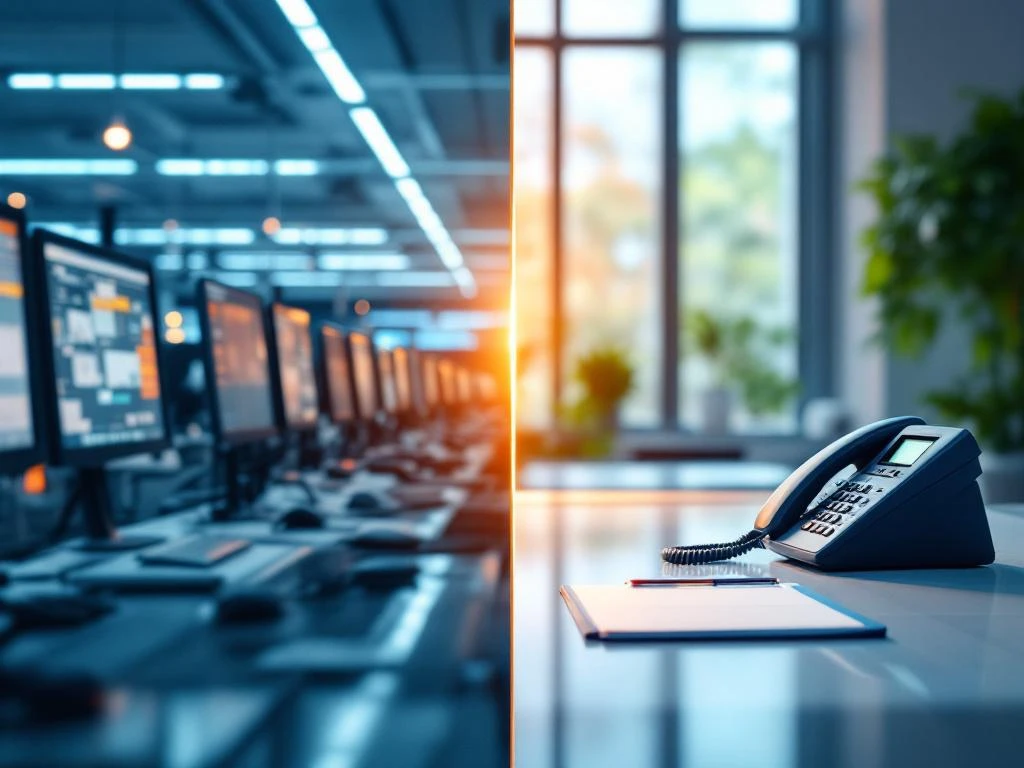 Gesplitst scherm van drukke callcenter links versus minimalistische telefoonservice rechts in warme oranje-blauwe tinten