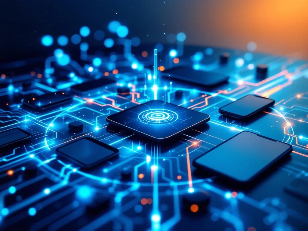 Moderne communicatieapparaten verbonden door gloeiende glasvezelkabels en draadloze signalen in circulaire opstelling
