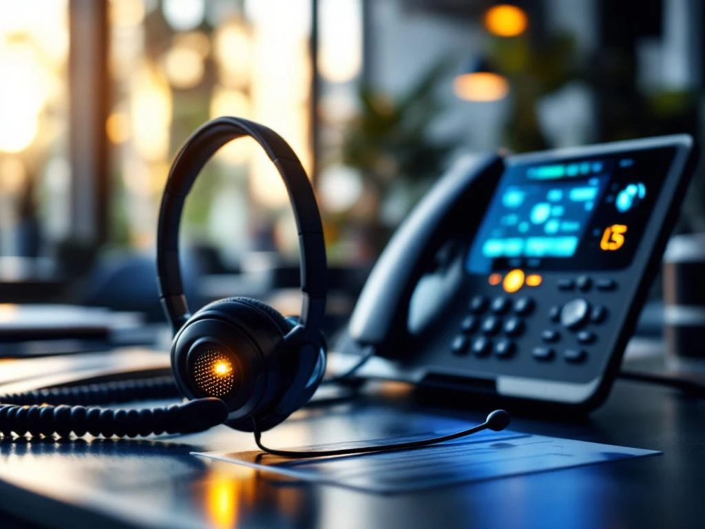 Draadloze headset op modern kantoorbureau met professionele telefooncentrale op achtergrond in warm licht