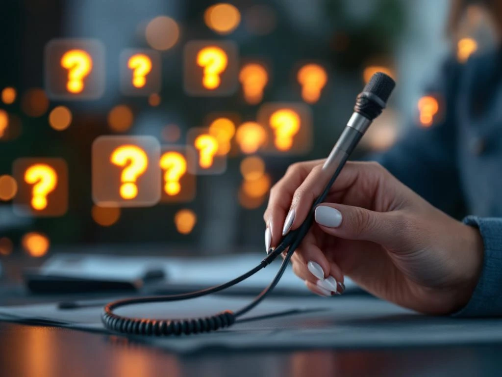 Professionele vrouwenhand houdt headset-microfoon boven bureau met zwevende vraagtekens in gouden licht op achtergrond