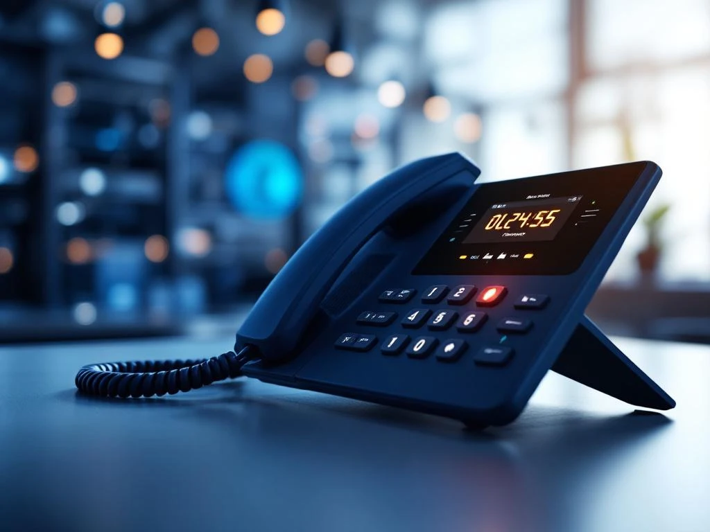 Moderne IP-telefoon op kantoorbureau met verlichte doorschakelfunctie en telecommunicatieapparatuur op achtergrond