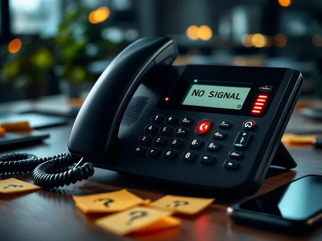 Moderne zakelijke telefoon met rode waarschuwingslampjes naast laptop en smartphone op kantoorbureau