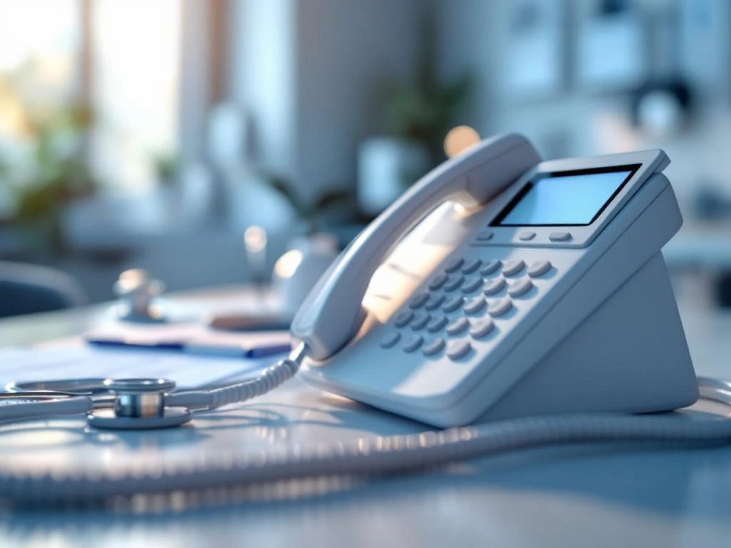 Witte telefoonhoorn op medisch bureau met stethoscoop en patiëntendossiers op achtergrond, zorgcommunicatie