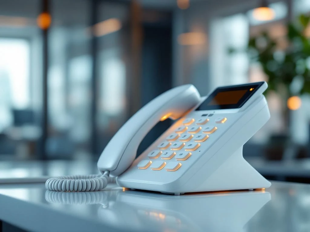 Witte moderne bureautelefoon met opgetilde hoorn en gouden licht, professionele kantooromgeving op achtergrond