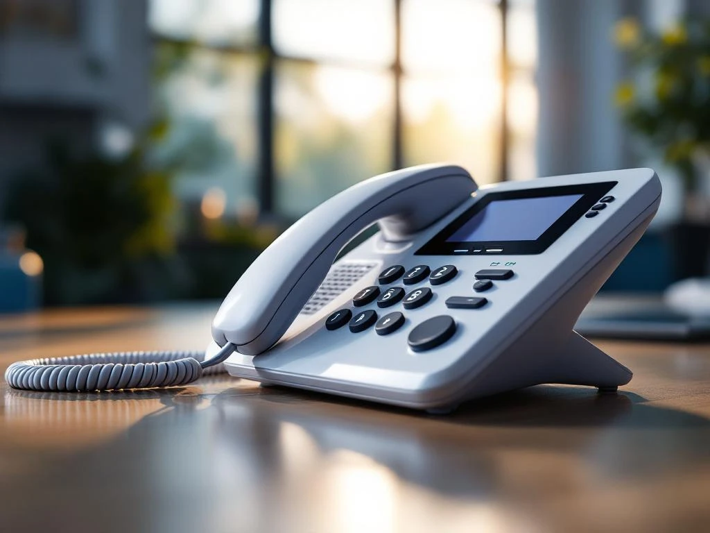 Witte moderne bureautelefoon met opgetilde hoorn en blauwe LED-indicator in minimalistisch kantoor