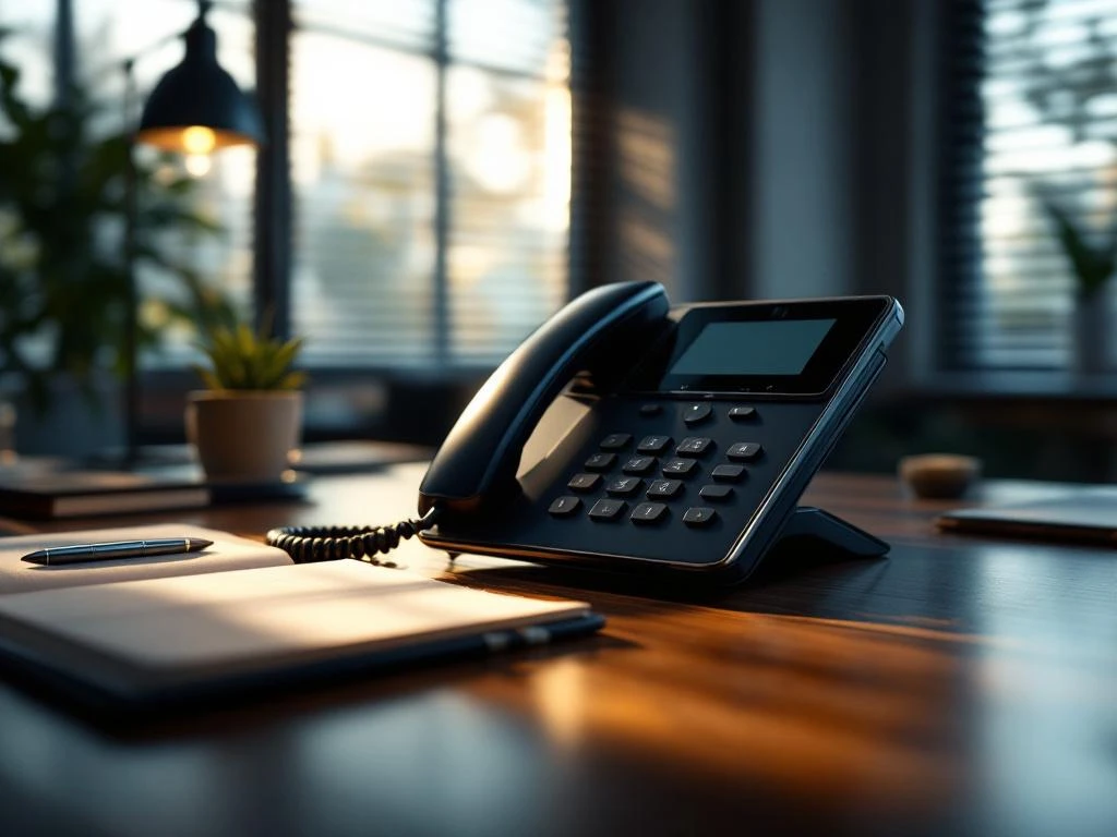 Zwarte telefoon op moderne kantoorbureau met leren notitieblok en pen, ochtendlicht door jaloezieën