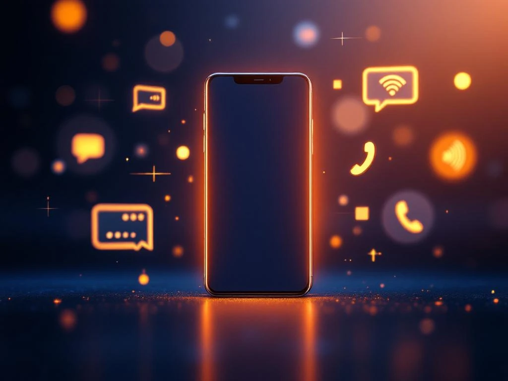 Moderne smartphone met zwevende communicatie-iconen op marineblauw verloop, benadrukt connectiviteit en toegankelijkheid