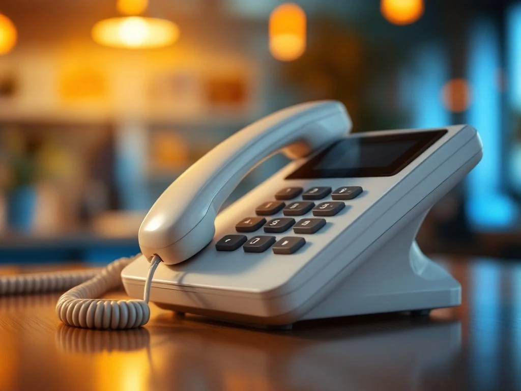 Witte moderne telefoonhoorn op houten bureau in professionele kantooromgeving met warme verlichting