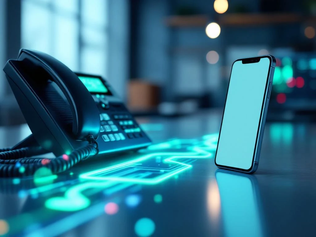 Moderne bureautelefoon en smartphone verbonden door digitale lichtstromen die oproepoverdracht technologie visualiseren