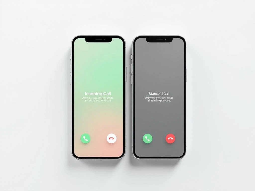 Twee smartphones met contrasterende oproepschermen: links groen prioriteitsscherm, rechts standaard grijs interface
