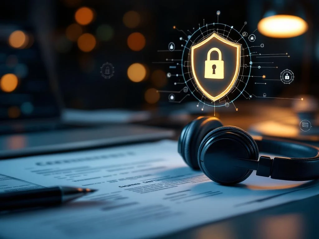 Professionele headset op bureau naast vertrouwelijke documenten met digitaal beveiligingsschild hologram