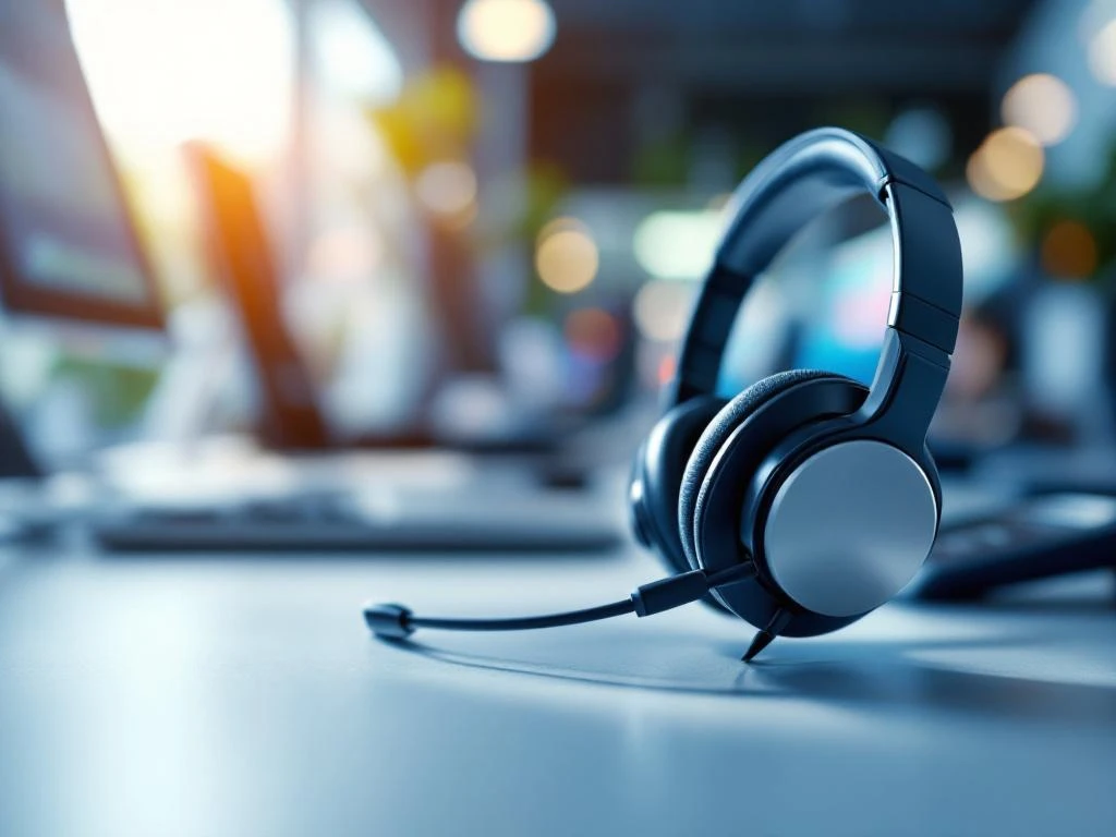 Professionele headset op modern bureau in callcenter met zachte verlichting en communicatieapparatuur op achtergrond