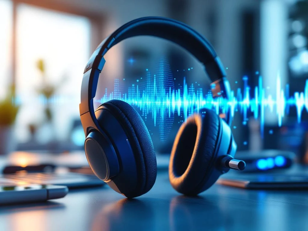 Professionele headset op bureau met blauwe audiogolven die noise-cancelling technologie en kristalheldere geluidskwaliteit tonen