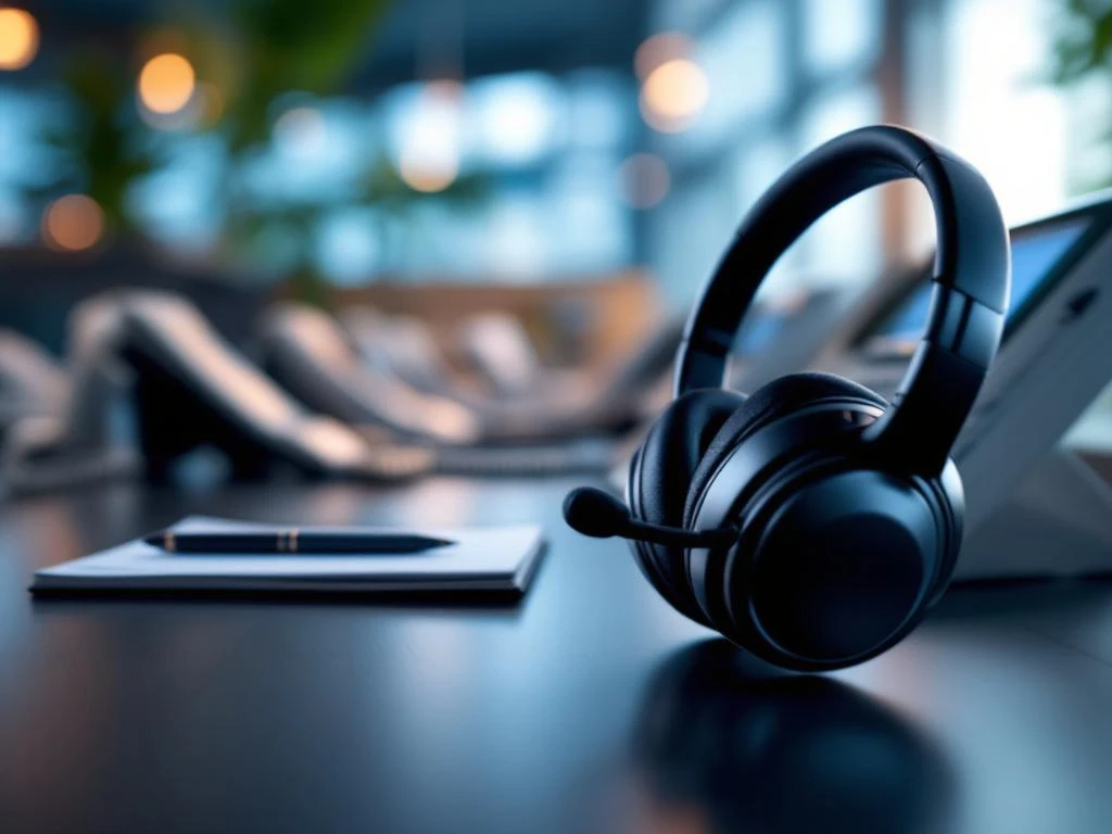 Professionele headset op moderne bureau met telefoontoestellen op achtergrond voor zakelijke communicatiediensten