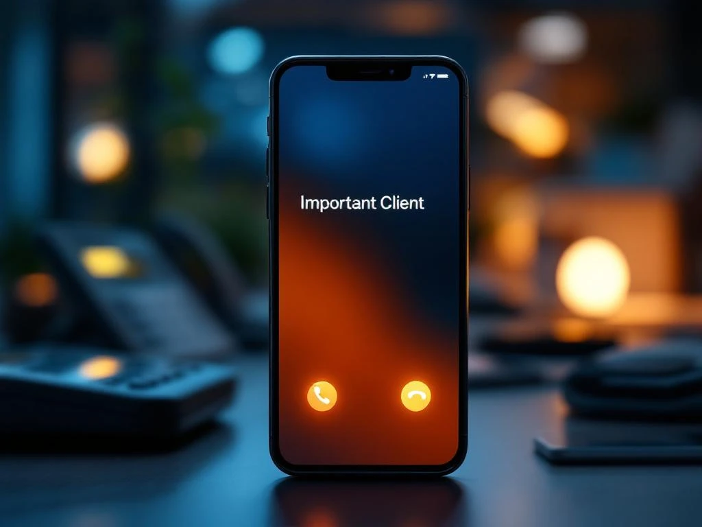 Moderne smartphone toont inkomend gesprek van belangrijke klant op professioneel kantoorbureau met andere apparaten