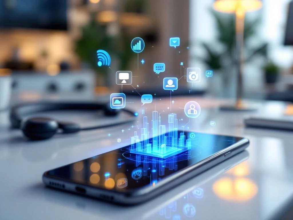 Moderne smartphone met holografische communicatie-iconen in blauw licht op wit bureau naast draadloze headset