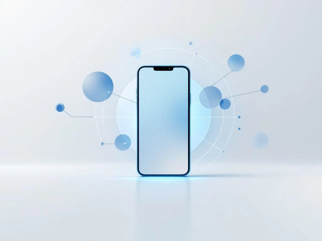 Moderne smartphone met geometrische verbindingslijnen die communicatienetwerk symboliseren op minimalistische blauwe achtergrond