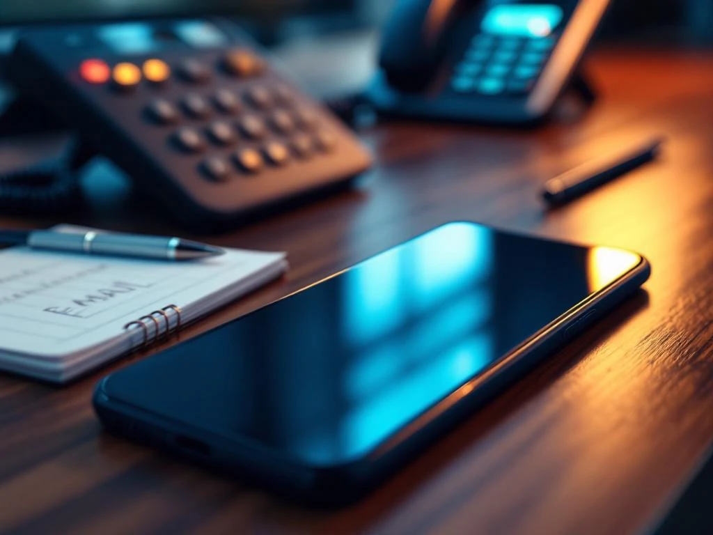 Smartphone met e-mailmelding op kantoorbureau naast notitieblok en pen, telefoon op achtergrond