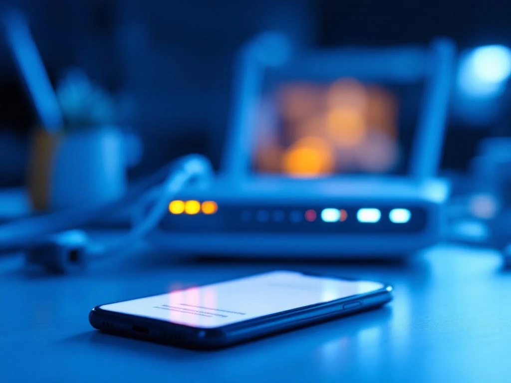 Smartphone met e-mailmelding op bureau, omringd door draadloze router en ethernetkabels in blauw kantoorlicht