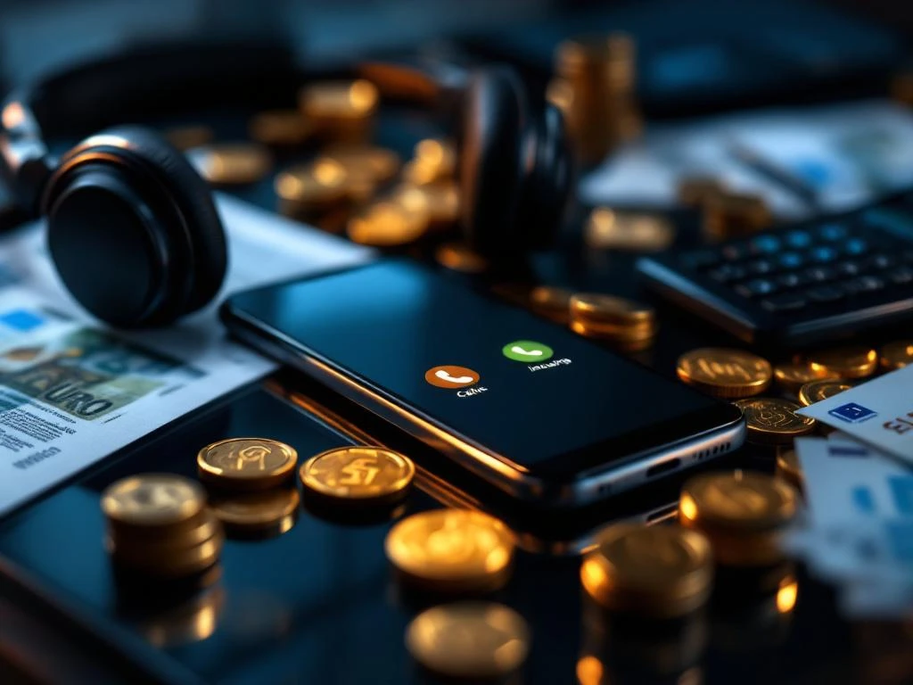 Smartphone met inkomende oproep op glazen bureau met financiële documenten, eurobiljetten en rekenmachine