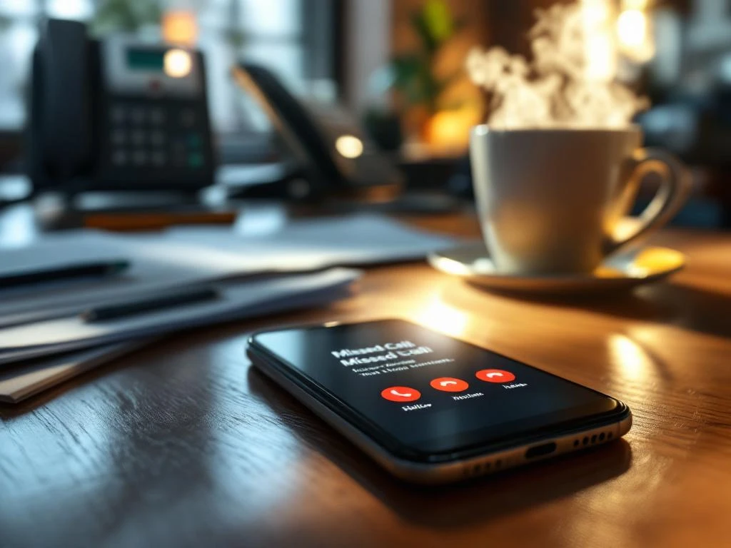 Smartphone met gemiste oproepen op houten bureau omringd door documenten en koffie in druk kantoor