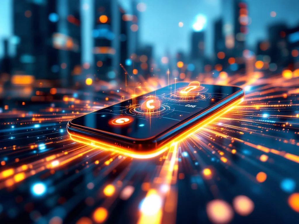 Moderne smartphone zwevend met holografische communicatiegolven in blauw en oranje tegen futuristische stadsachtergrond