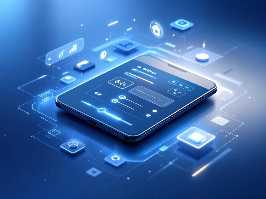 Moderne smartphone met zwevende holografische interface-elementen en instellingspictogrammen in blauw-witte tinten