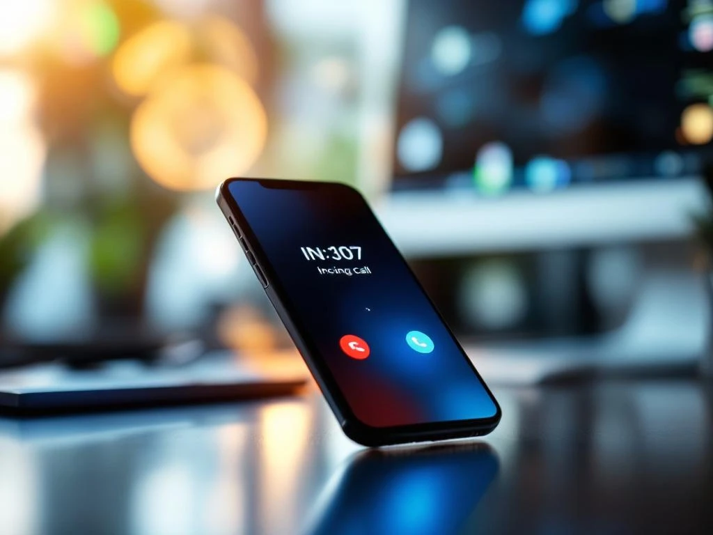 Smartphone met inkomend gesprek op bureau in modern kantoor met warme verlichting en technologie-elementen op achtergrond
