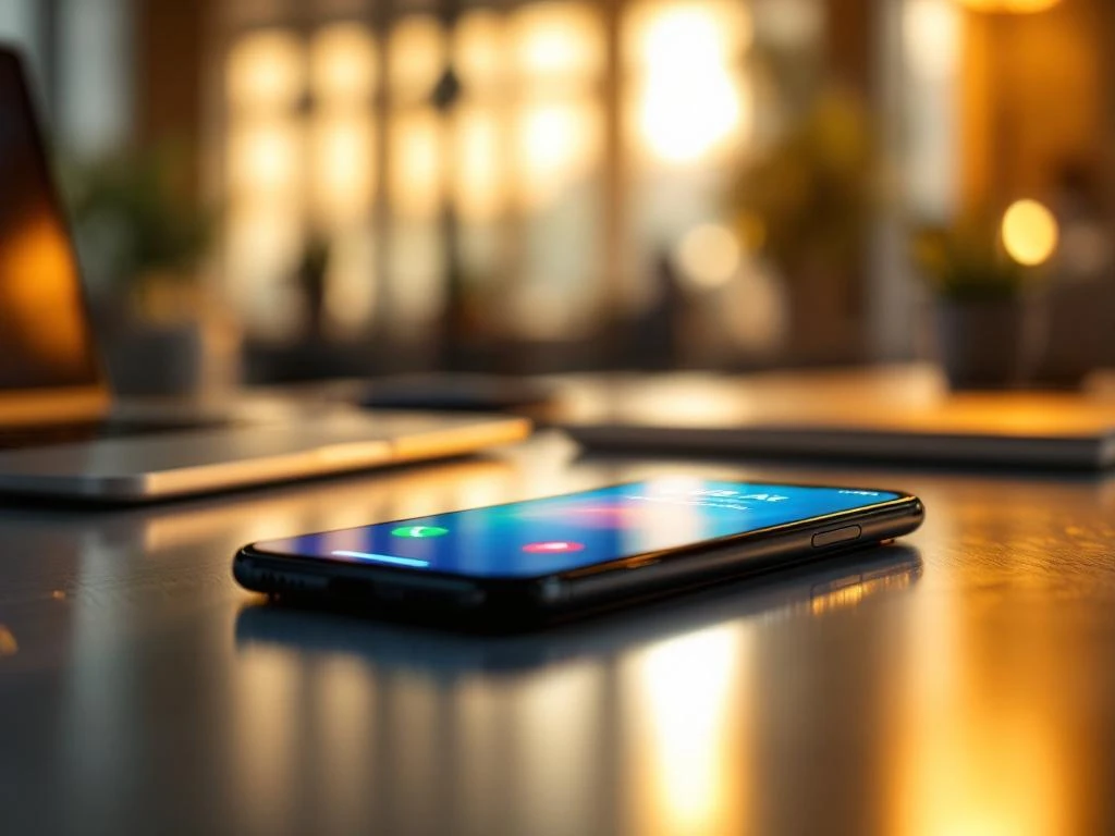 Smartphone met inkomend gesprek interface op modern kantoorbureau met warme verlichting en professionele achtergrond