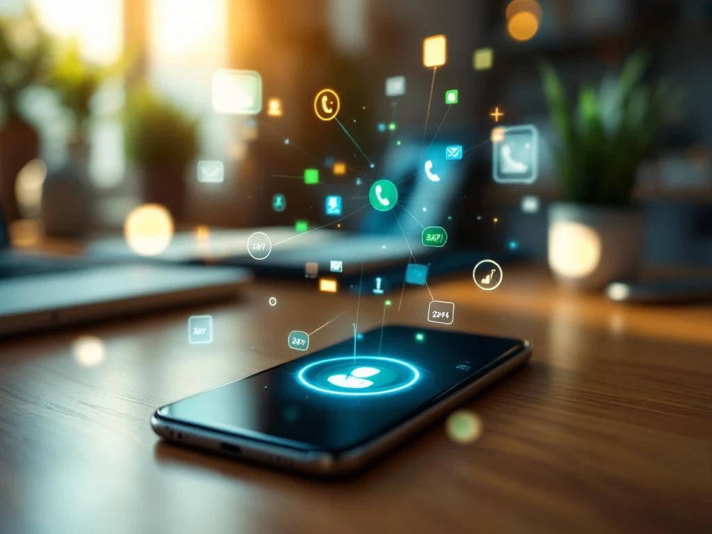 Moderne smartphone op houten bureau toont inkomend gesprek met zwevende communicatie-iconen in kantooromgeving