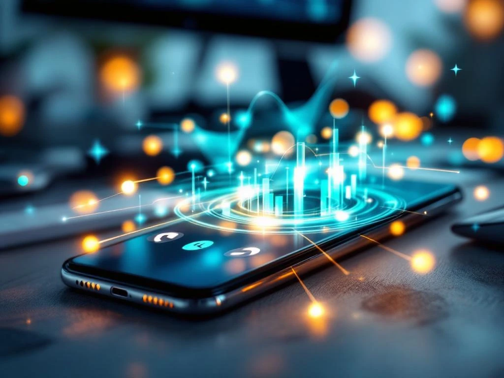 Moderne smartphone met inkomend gesprek op kantoorbureau, omringd door communicatiesignalen en professionele verlichting