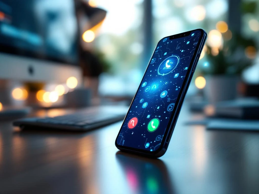 Smartphone toont inkomend gesprek met blauwe iconen op kantoorbureau naast headset en computer setup