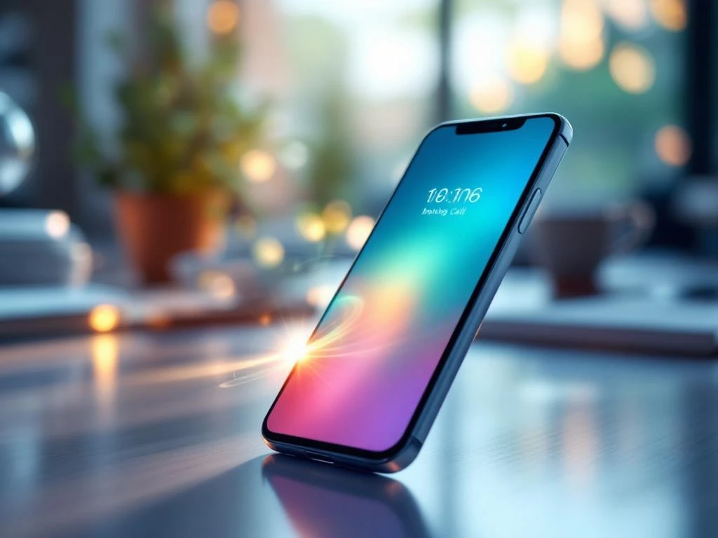 Moderne smartphone toont inkomend gesprek op bureau in kantooromgeving met natuurlijk licht en draadloze signalen