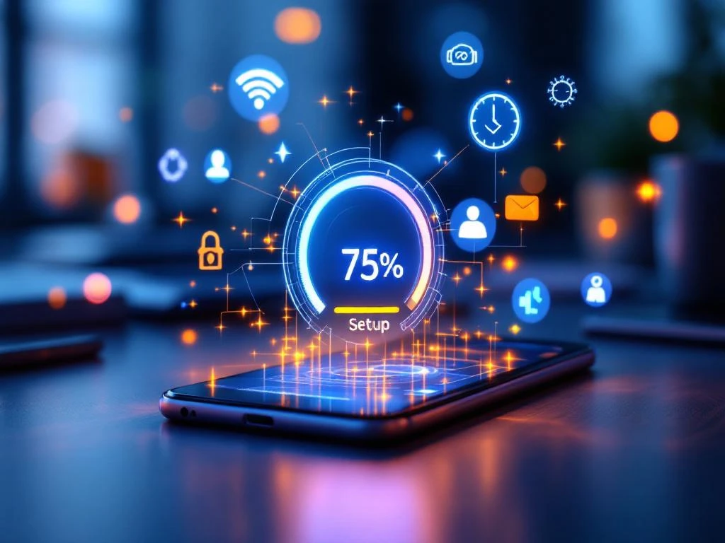 Smartphone met 75% voortgangsbalk voor installatie, omringd door holografische telecom-iconen en netwerkverbindingen