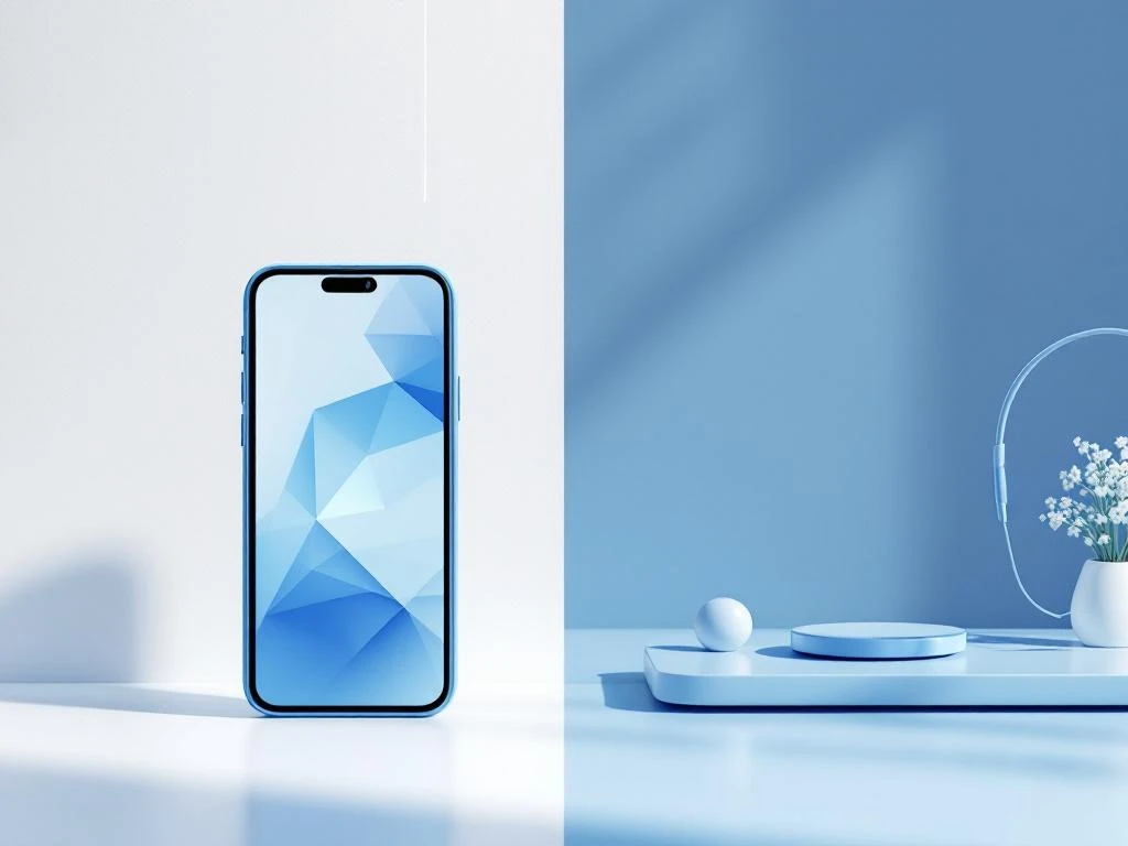 Smartphone met blauwe interface naast moderne receptiebalie met headset in minimalistische split-screen compositie