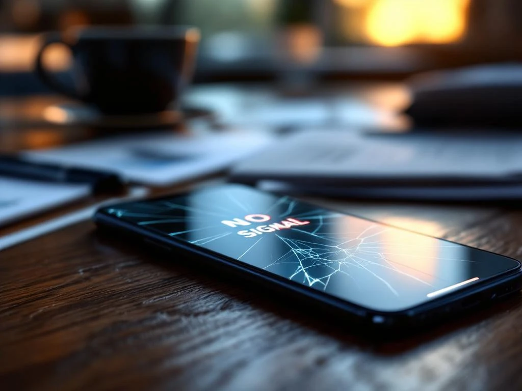 Smartphone met gebarsten scherm toont 'Geen signaal' op houten bureau in kantooromgeving met documenten en koffiekop