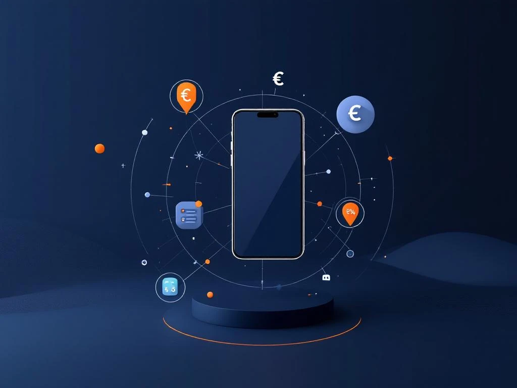 Smartphone omringd door kostenberekening symbolen zoals euro-tekens en rekenmachine iconen op donkerblauwe achtergrond