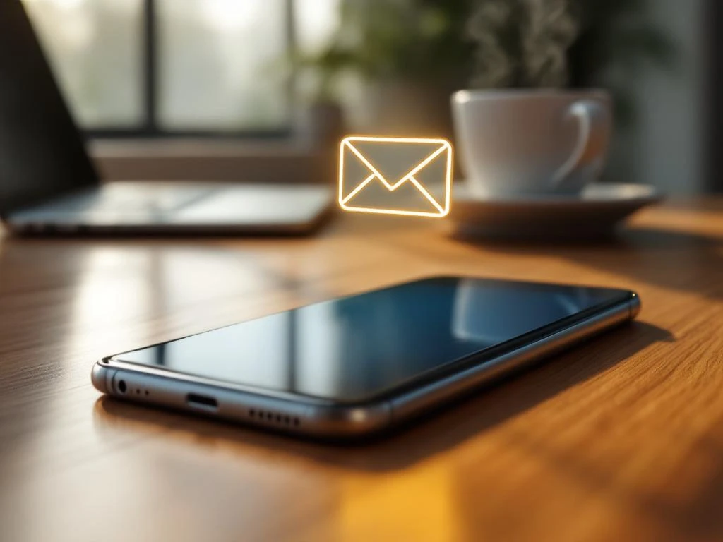 Moderne smartphone op houten bureau met gloeiende e-mailnotificatie, laptop en koffiekop op achtergrond