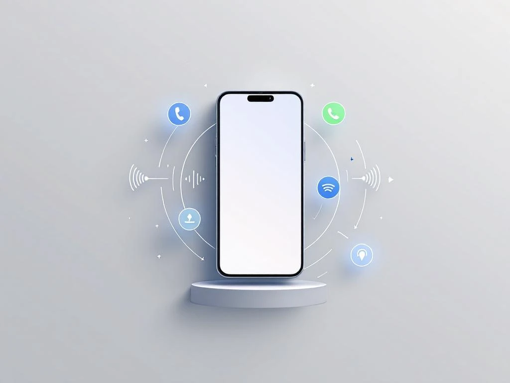 Moderne smartphone met blauwe en groene oproepfilterpictogrammen in minimalistische compositie voor telecommunicatietechnologie