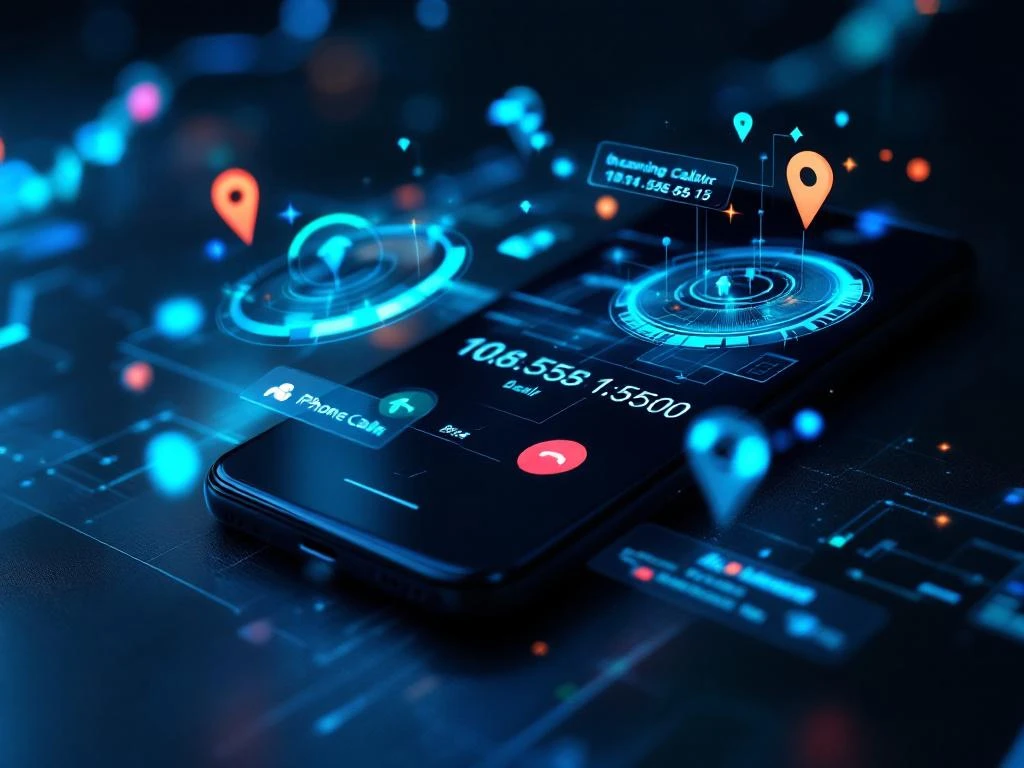 Smartphone met inkomend gesprek op scherm, omringd door zwevende data-visualisaties en telecommunicatie-elementen