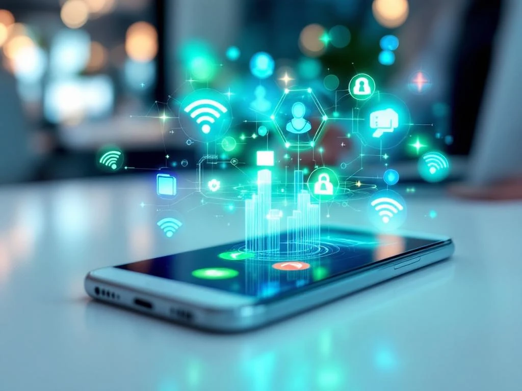 Smartphone toont inkomend gesprek met holografische communicatie-iconen en draadloze signalen op wit bureau