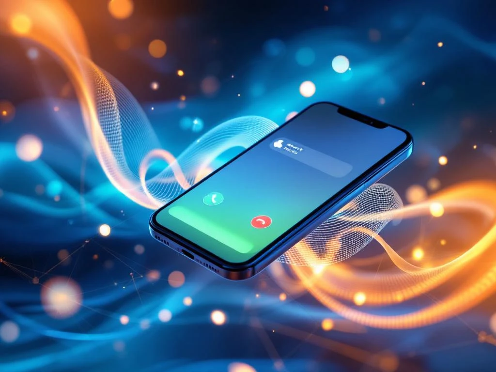 Moderne smartphone met inkomende oproepen en groene acceptknoppen, omringd door gebogen communicatiegolven op blauworanje achtergrond