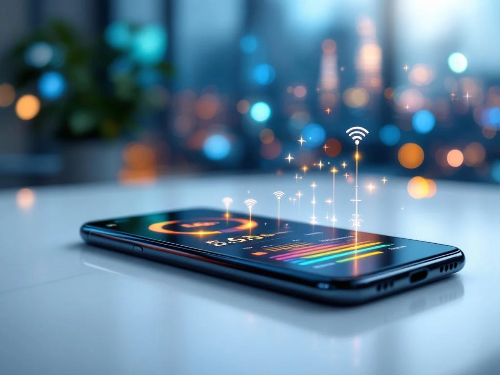 Smartphone toont signaalsterkte en netwerksnelheid testen op wit bureau met draadloze verbindingsgolven op achtergrond