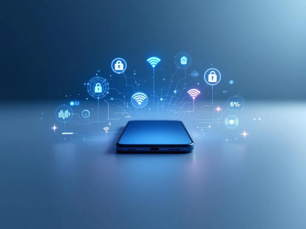 Moderne smartphone met holografische communicatie-iconen voor signaalsterkte, kosten, beveiliging en connectiviteit
