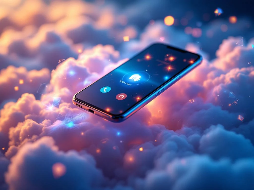 Moderne smartphone zweeft boven wolken met blauwe en oranje telecomsignalen en connectiviteitsiconen op scherm