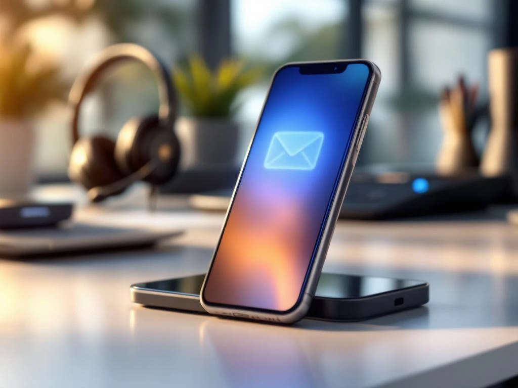 Smartphone op bureau toont voicemail-melding met telecommunicatie-apparatuur op achtergrond in professionele setting