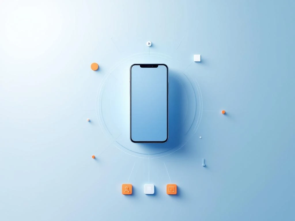 Moderne smartphone met netwerkverbindingssignalen en zakelijke communicatie-iconen op blauwe achtergrond