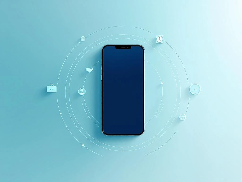 Moderne smartphone met communicatiegolven en bedrijfsiconen op blauwe gradiënt achtergrond voor telecommunicatie